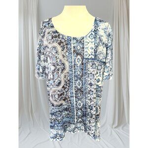 Concepts Blue & White Flutter Short Sleeve Rhinestone Embellished Top-Size XXXL